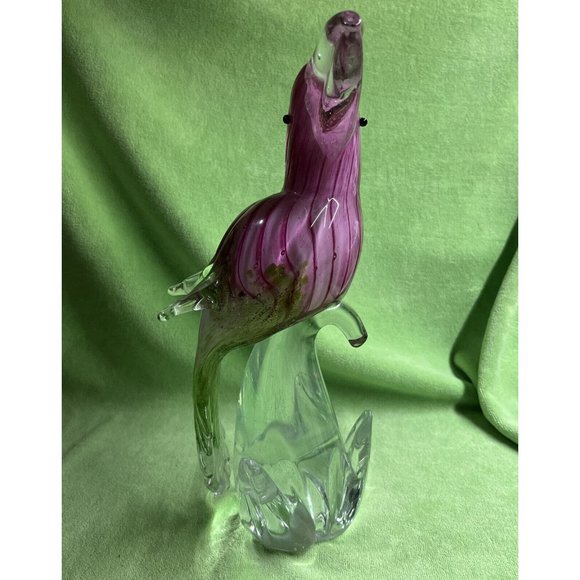 OLLIERV Diamond Star Art Glass Heavy Toucan Pink Green With Clear Beak 12” Tall - Picture 2 of 10